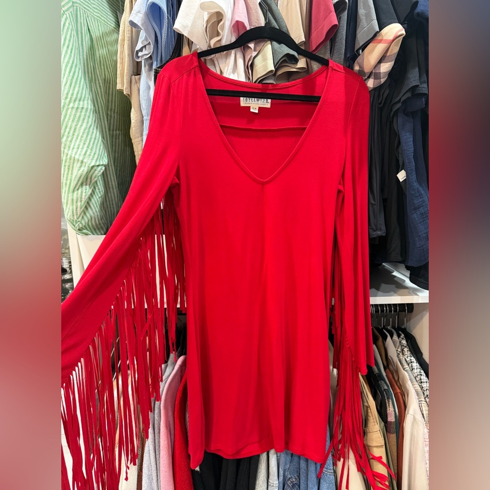 Elegant Red Fringe Long Sleeve Dress